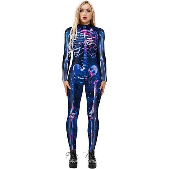 3d Skeleton Halloween Costume Cosplay Jumpsuit Bodysuit Colorful Long Sleeve NWT - Picture 1 of 9